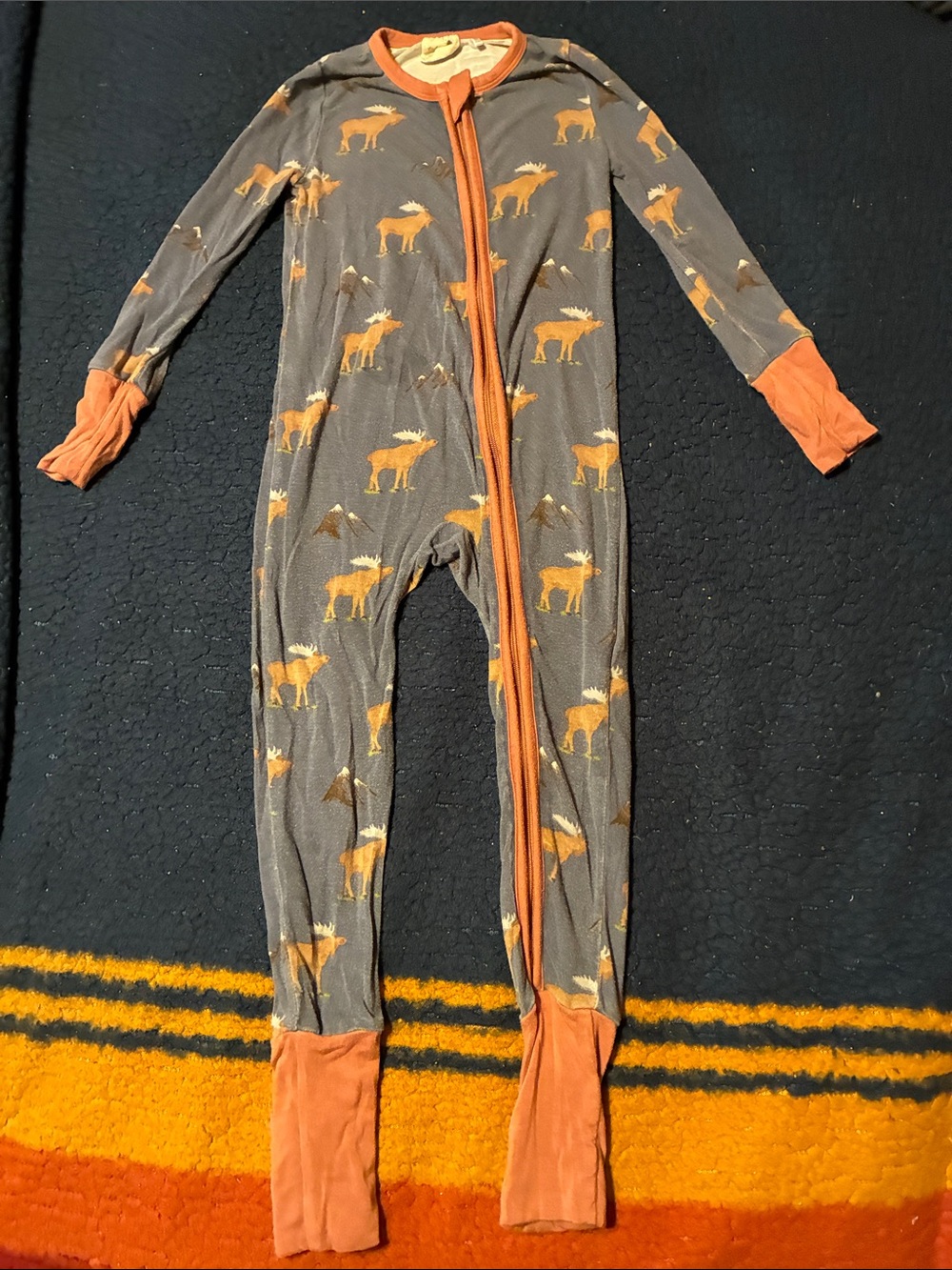 Tullabee Kids Gray Moose Print One-Piece Pajamas with Orange Trim